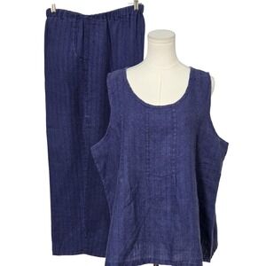 FLAX Outfit Set Womens L Blue Linen Tank Pants Scoop Neck Relaxed Fit 2 Piece